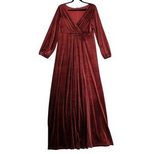 Ever Pretty Rust Velvet Maxi Dress Sz 2XL Puff Sleeve High Waist Wrap-V Elegant